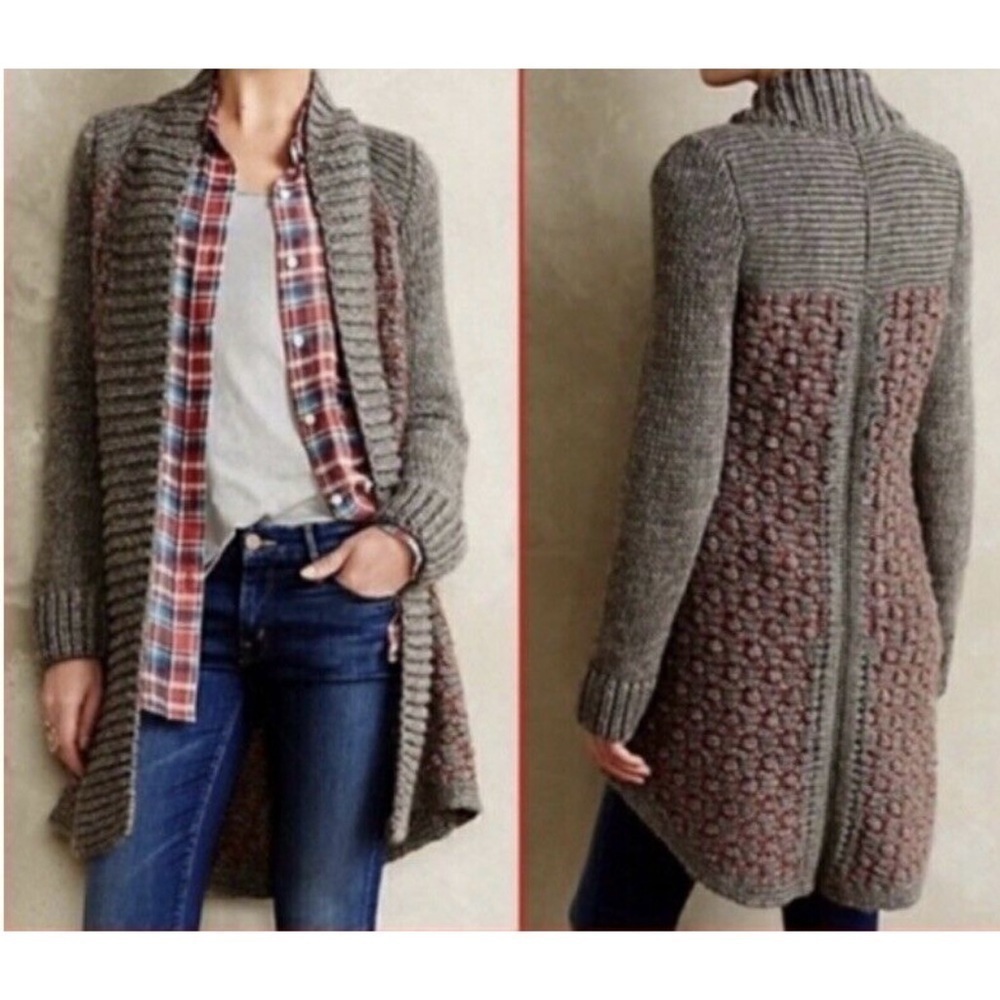 Anthropologie Moth Long Gray Knit Duster Open Cardigan Sweater S Wool Lagenlook